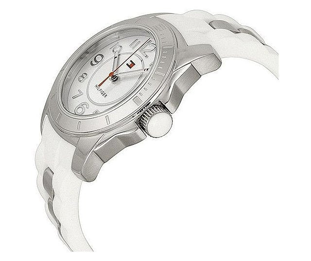 Tommy Hilfiger K2 watch side profile showing white silicone strap and steel case
