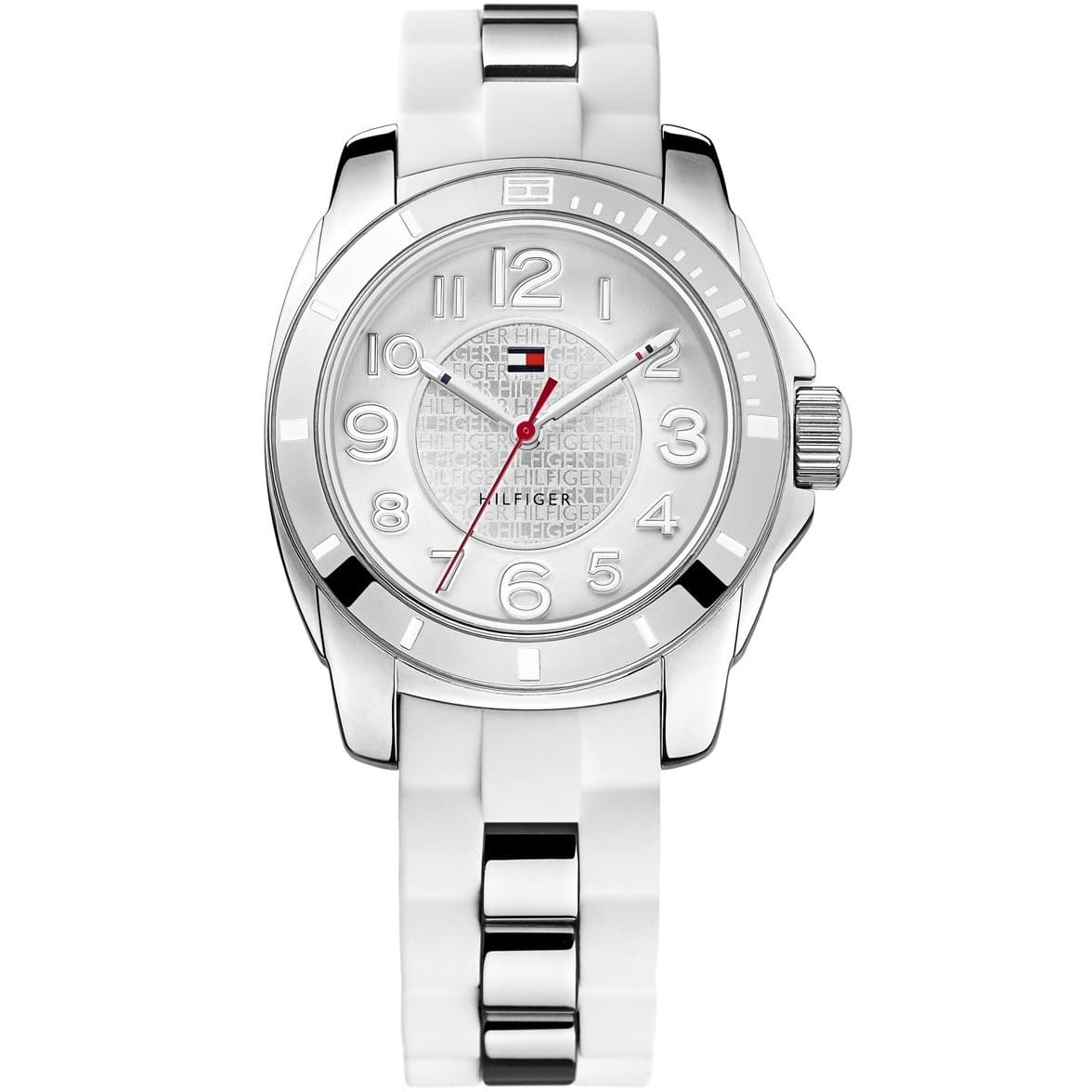 Tommy Hilfiger K2 women's watch with silver dial, white and steel strap, red hands