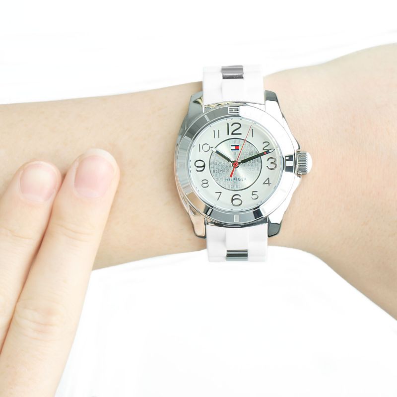 Tommy Hilfiger K2 women's watch on wrist from different angle, white rubber strap