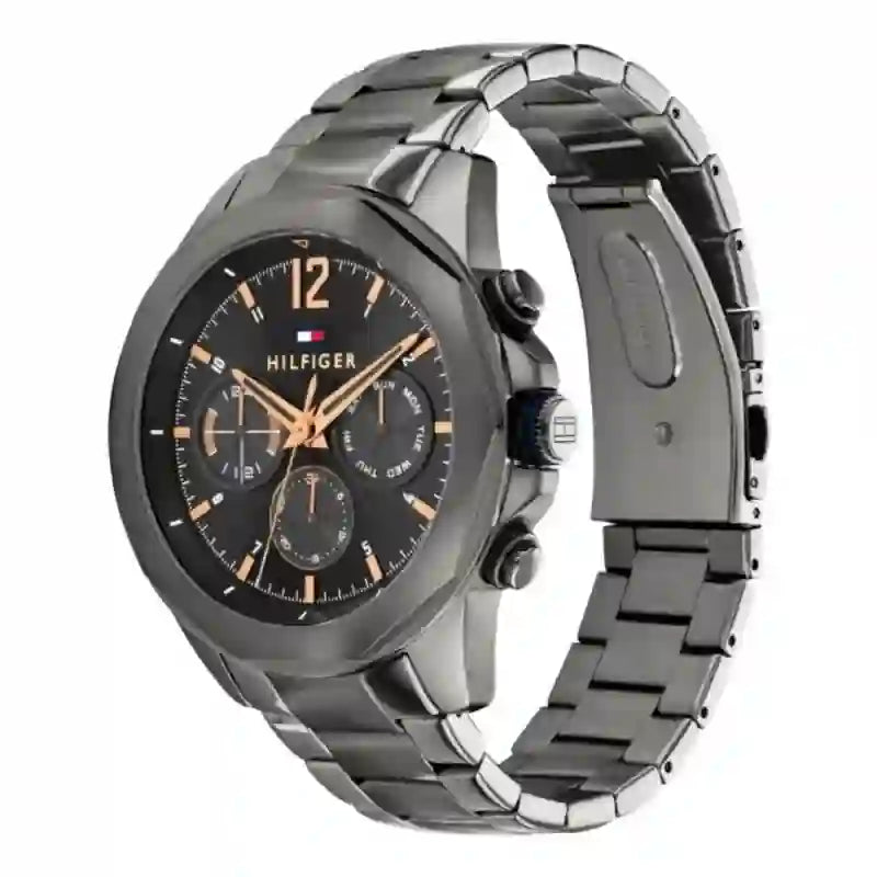 Tommy Hilfiger Kane watch three-quarter view with grey steel bracelet
