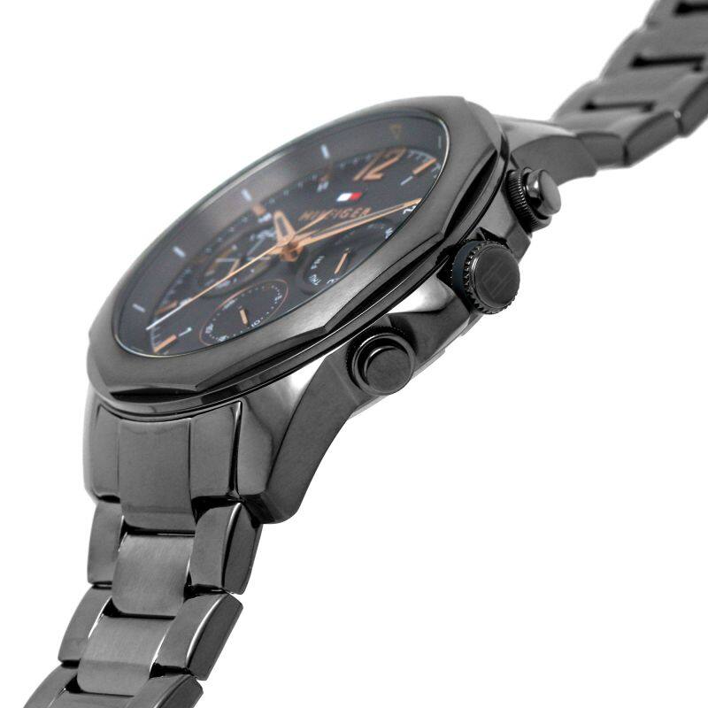 Tommy Hilfiger Kane grey steel watch at side angle showing case profile