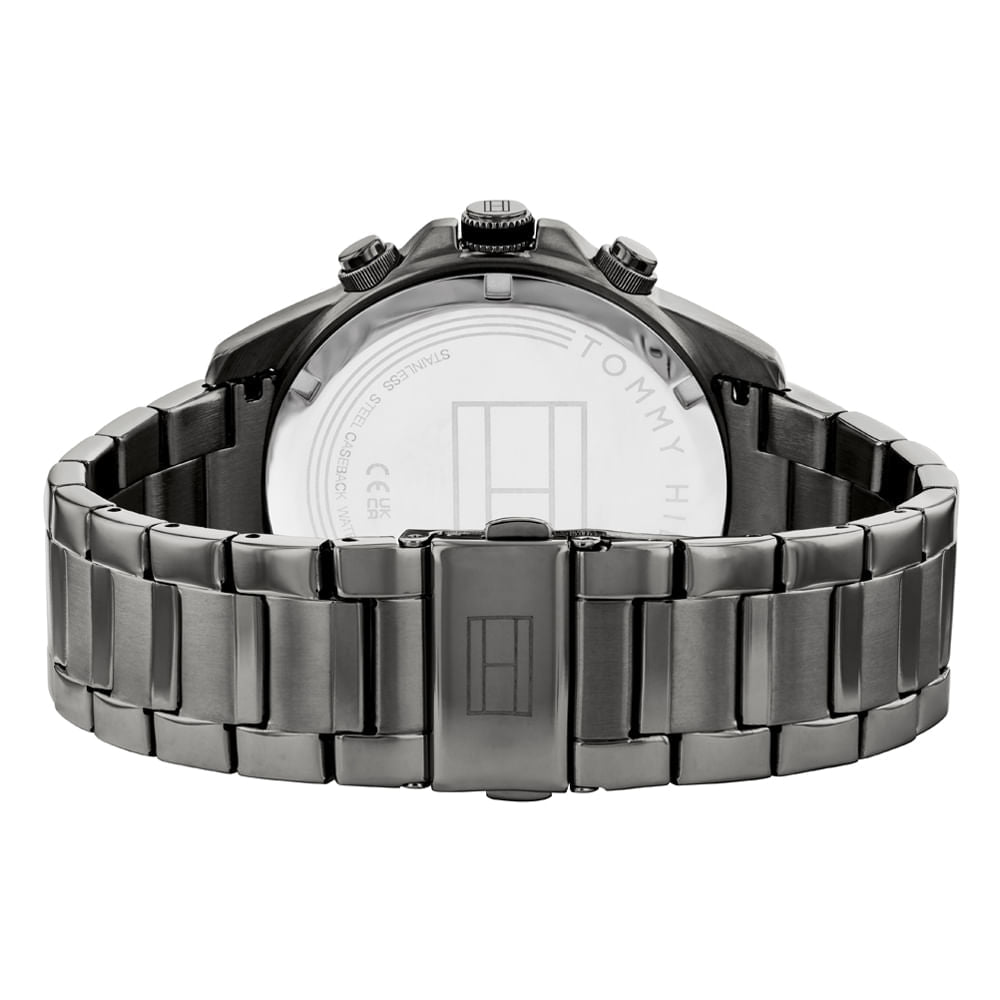 Tommy Hilfiger Kane watch caseback detail with grey steel bracelet