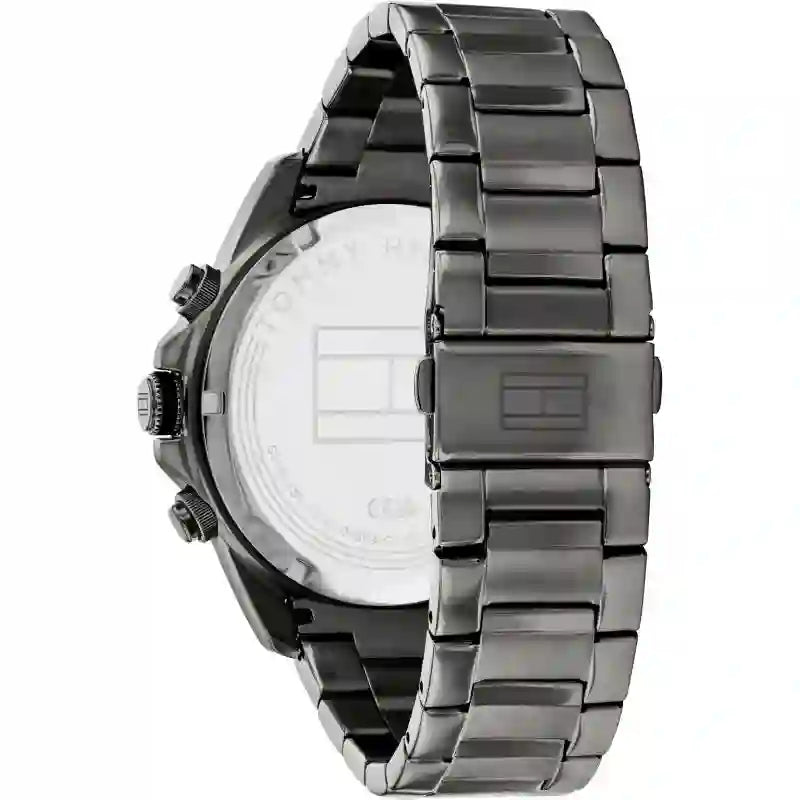 Tommy Hilfiger Kane watch caseback showing grey steel bracelet attachment