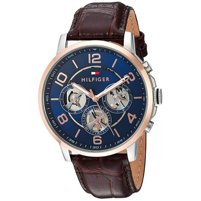 Tommy Hilfiger Keagan men's watch with navy dial, rose gold case, leather strap, and chronograph subdials