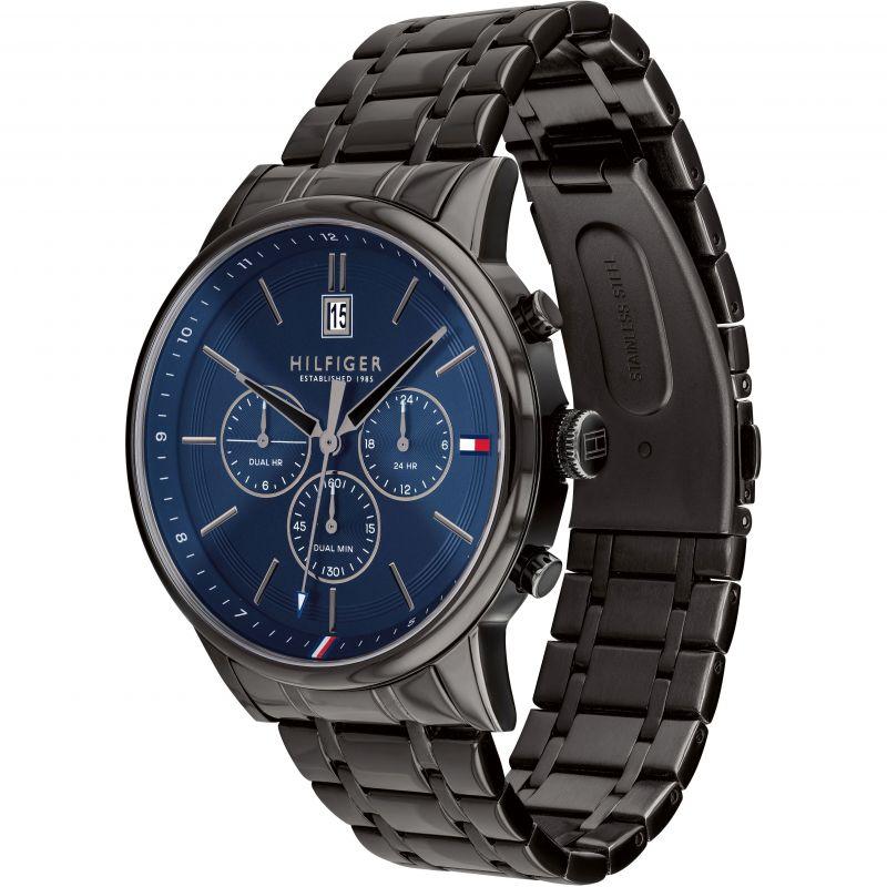 Side view of Tommy Hilfiger Kyle chronograph watch on black steel bracelet