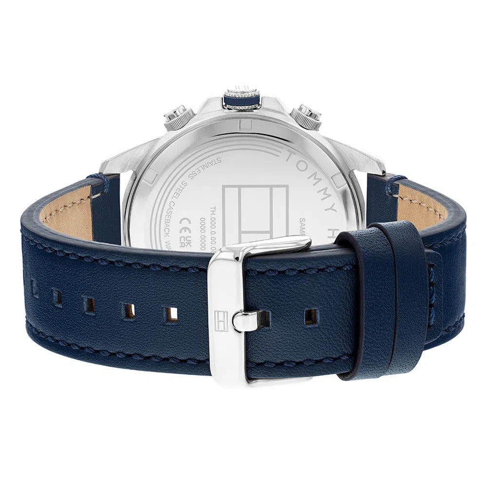 Tommy Hilfiger Lars watch caseback showing stainless steel with engraved text and pushers