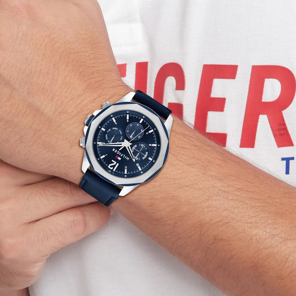 Tommy Hilfiger Lars men's watch worn on wrist with navy strap and chronograph dial visible