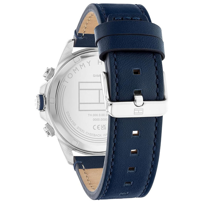 Tommy Hilfiger Lars watch strap detail showing navy leather with tan lining and silver buckle