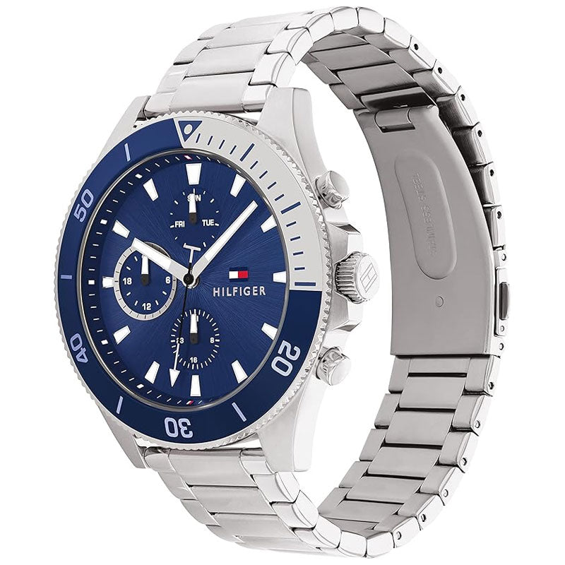 Tommy Hilfiger Larson watch side view showing blue bezel and steel bracelet