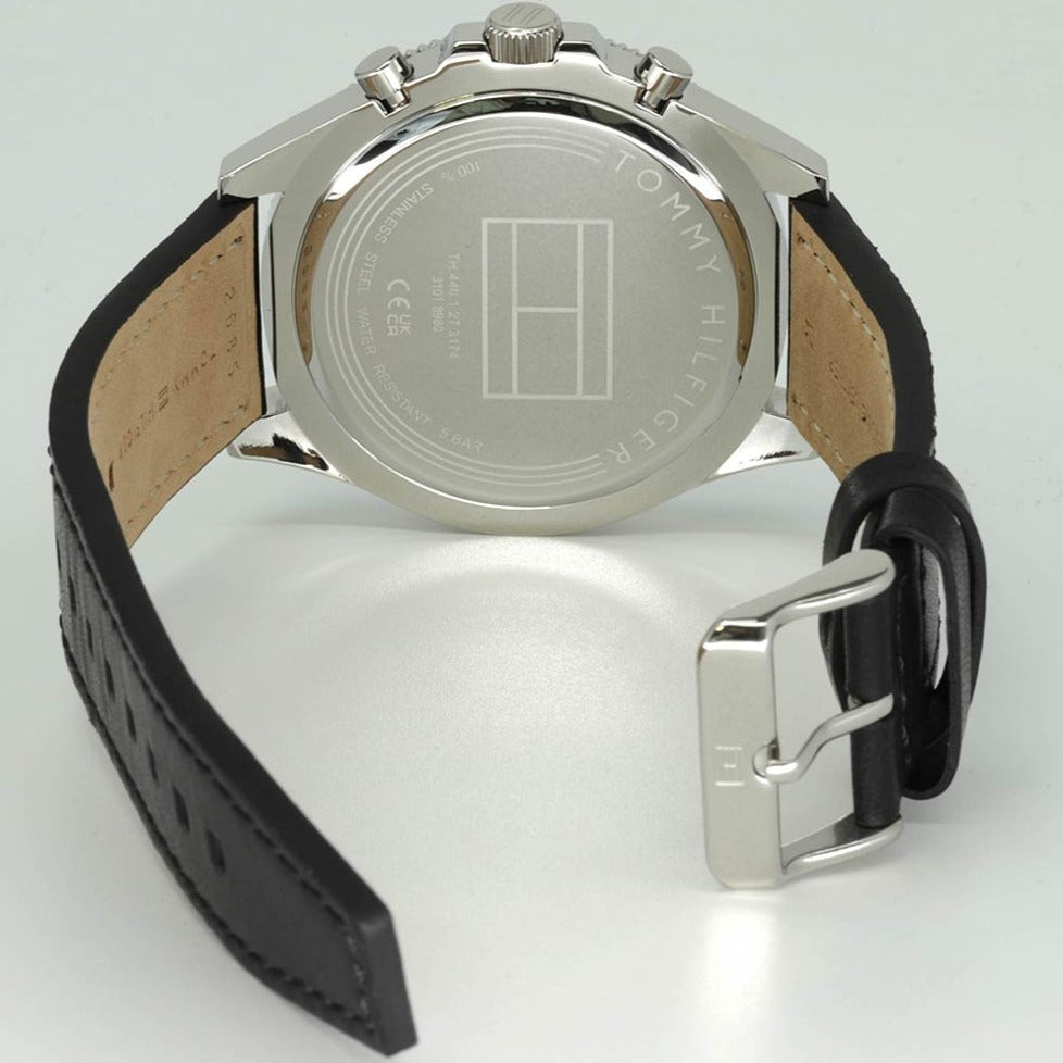 Tommy Hilfiger Larson watch caseback showing stainless steel case and leather strap