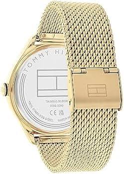 Tommy Hilfiger Lexi watch caseback and gold mesh strap detail
