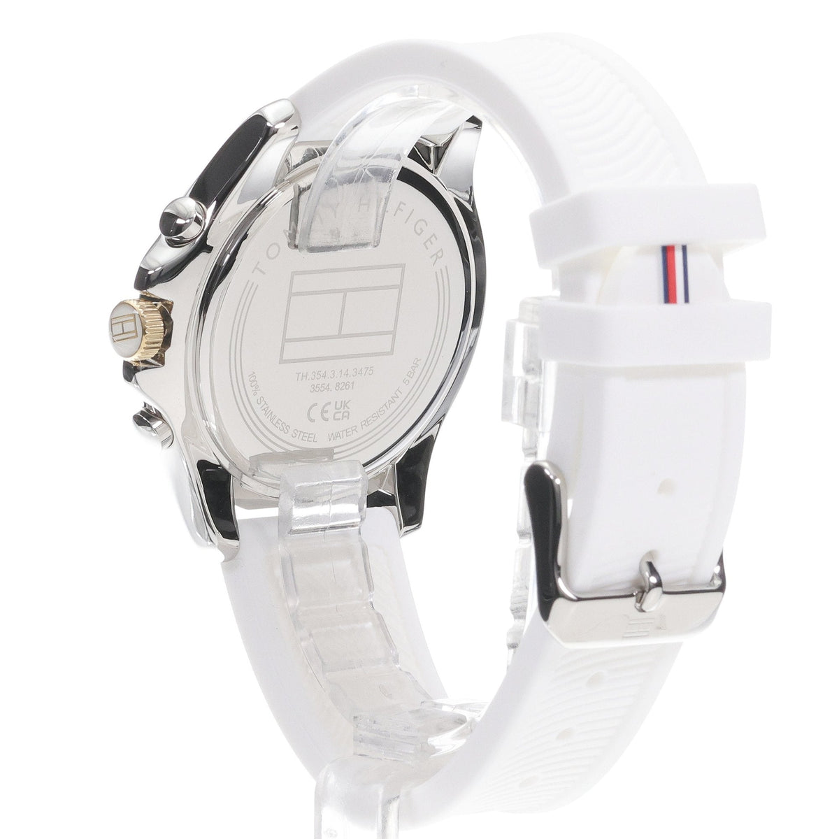 Tommy Hilfiger Libby women's watch caseback showing white rubber strap and silver metal case detail