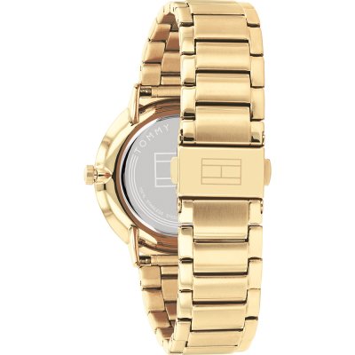 Tommy Hilfiger Liberty watch caseback showing gold case and bracelet strap