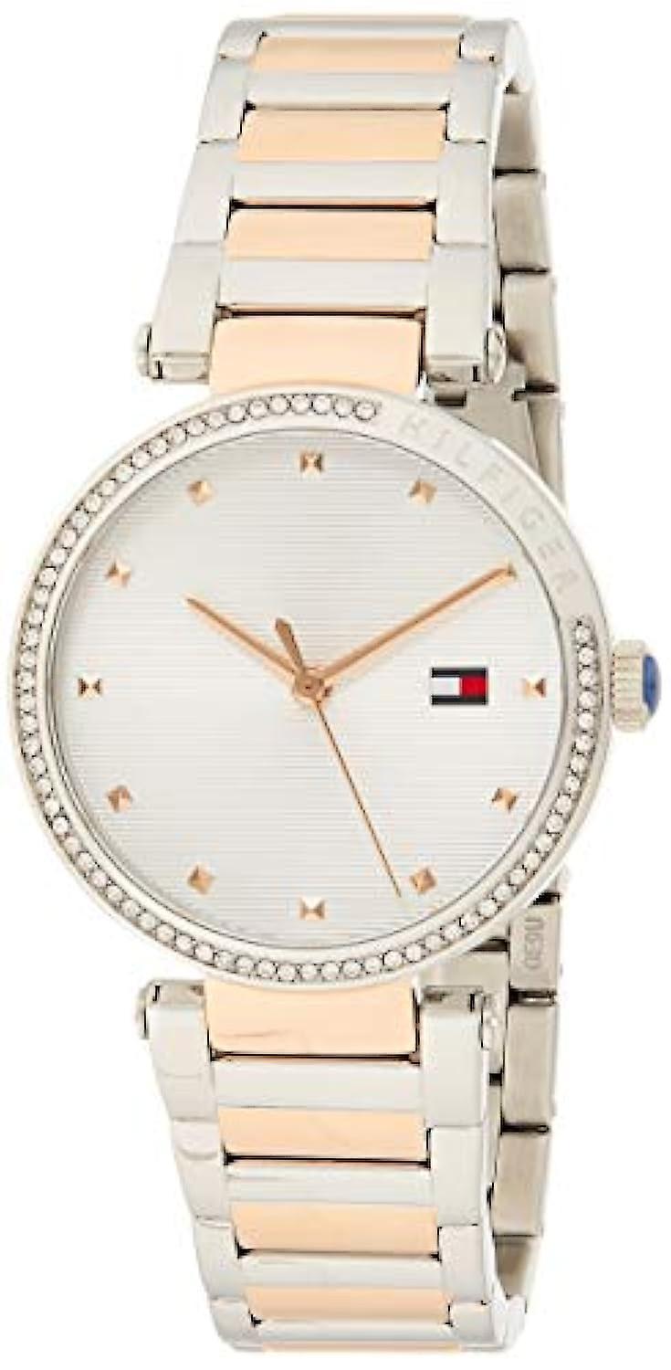 Tommy Hilfiger Lynn watch shown at angle with two-tone bracelet detail