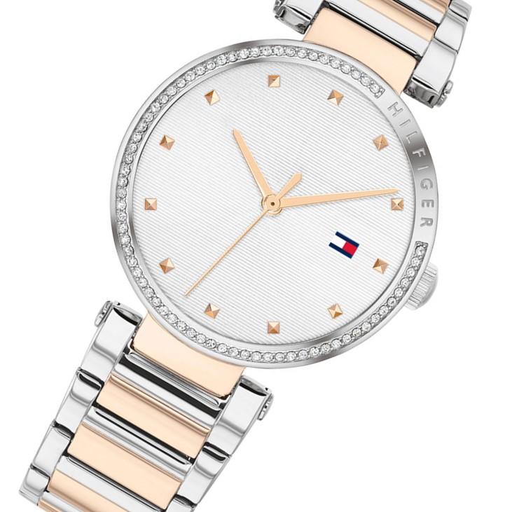 Tommy Hilfiger Lynn dial detail with crystal-set bezel, rose gold markers, and flag logo