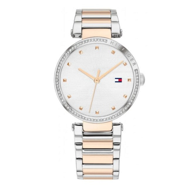Tommy Hilfiger Lynn women's watch full front view with crystal case and two-tone bracelet