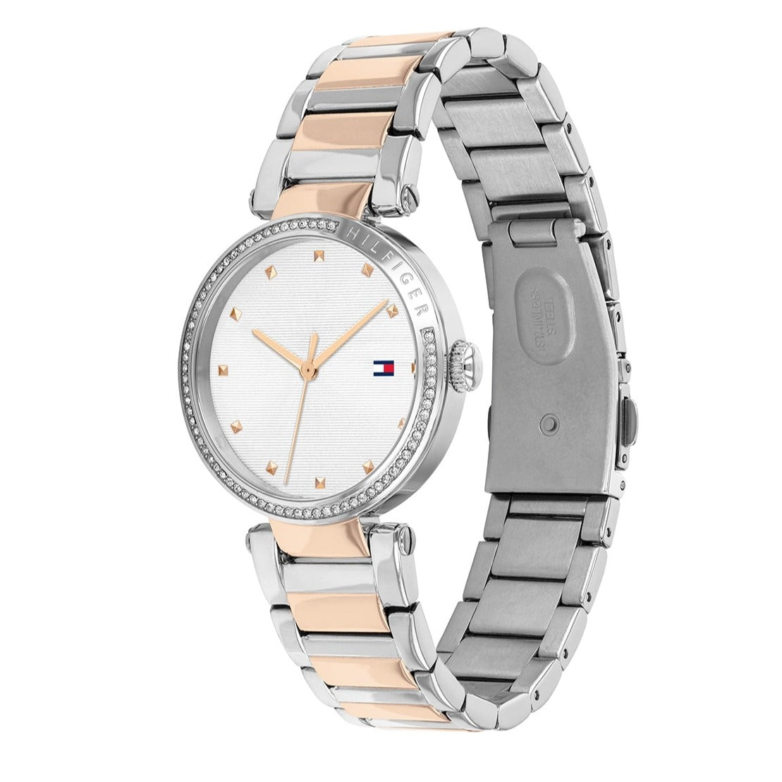 Tommy Hilfiger Lynn watch side view showing case depth and two-tone bracelet links