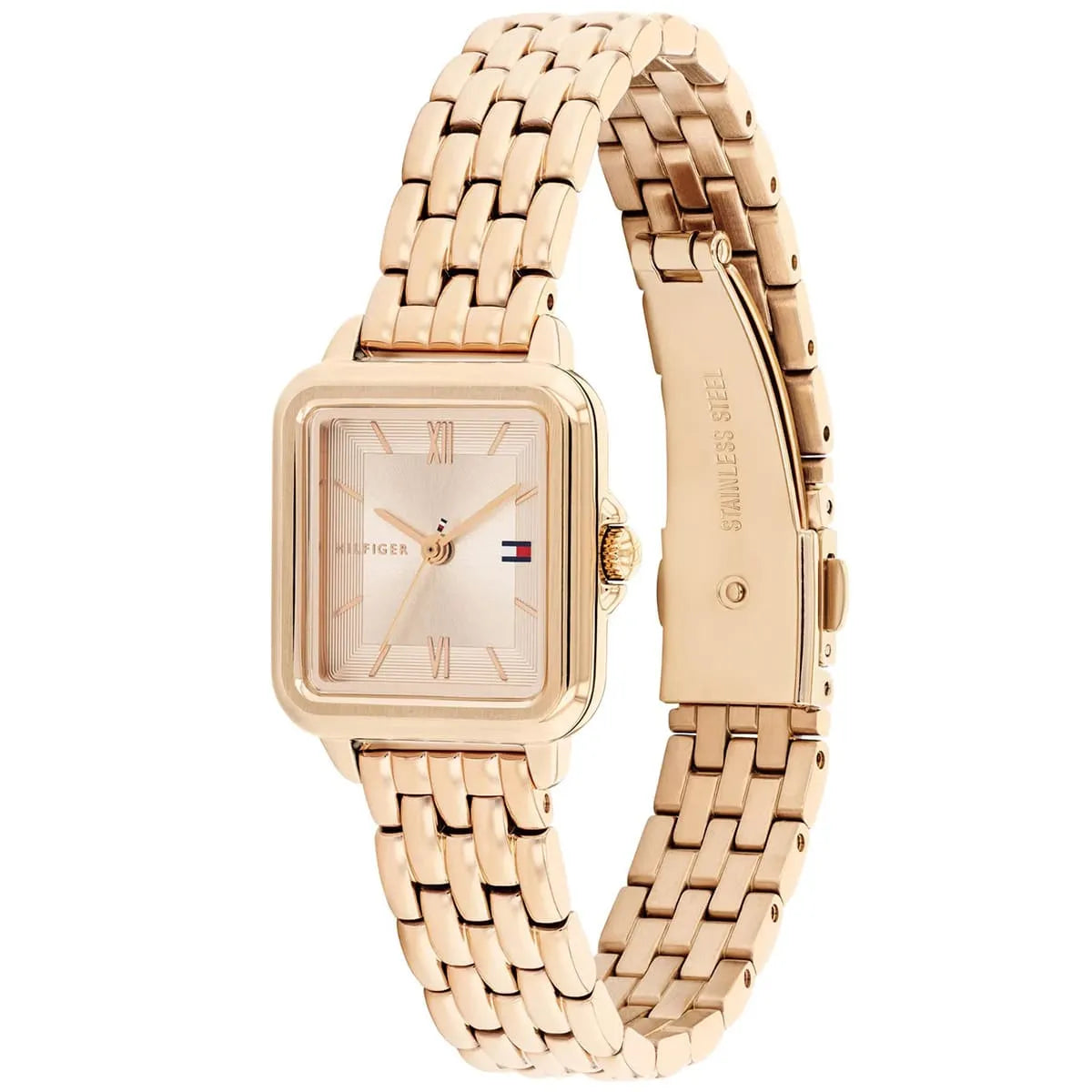Tommy Hilfiger Mia rose gold watch displayed at angle showing case and bracelet