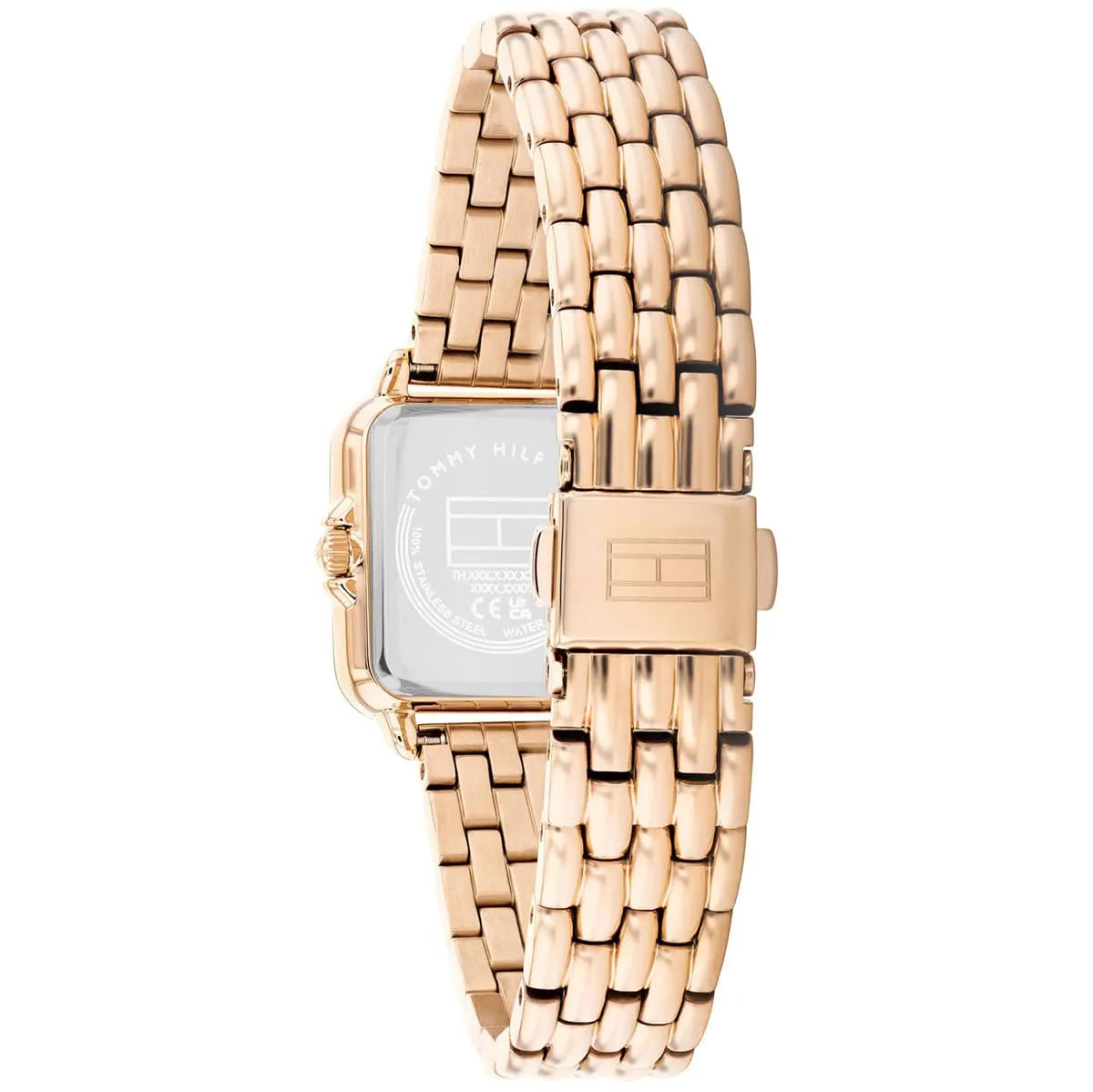 Tommy Hilfiger Mia watch showing caseback with stainless steel bracelet visible