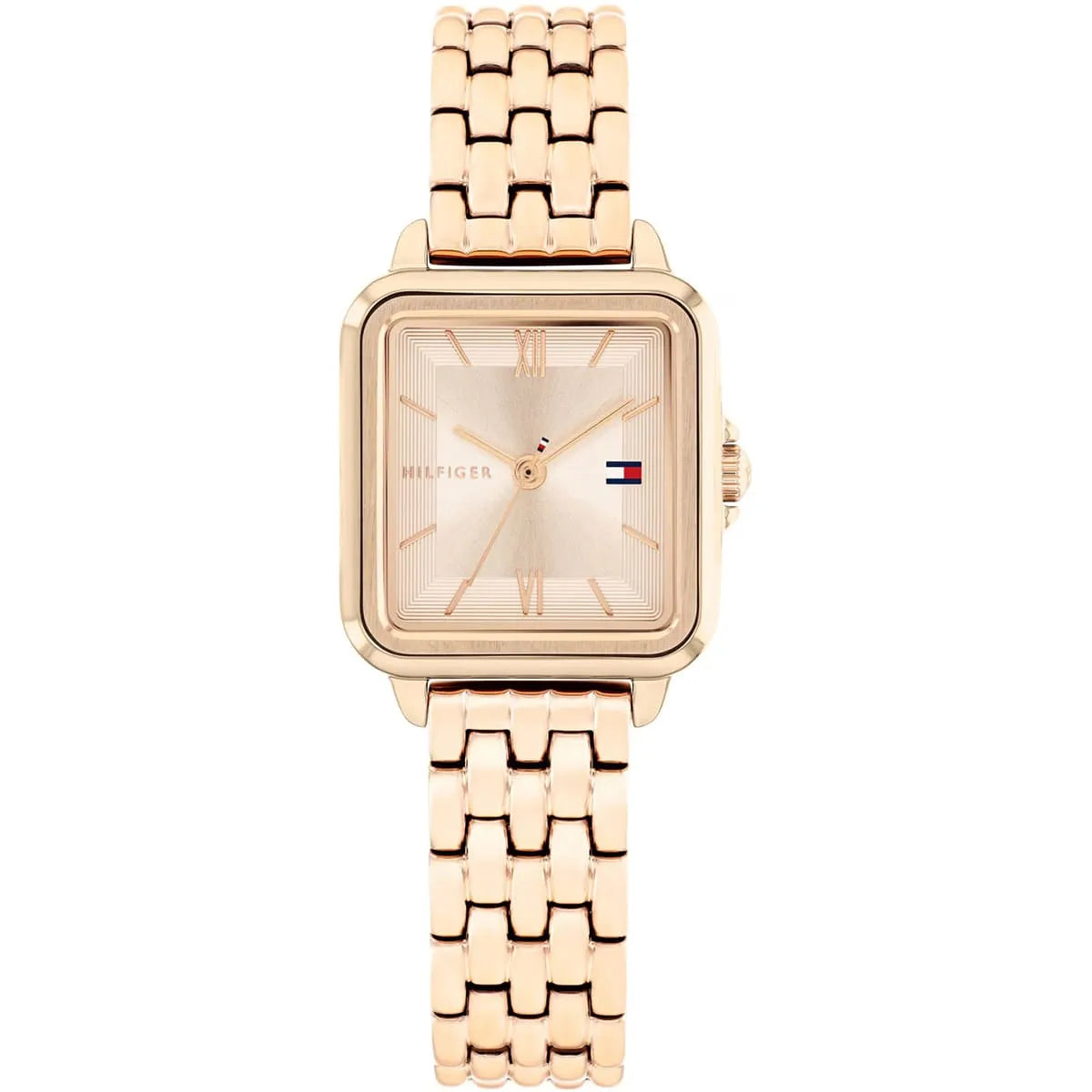 Tommy Hilfiger Mia rose gold square watch with metal bracelet, front view