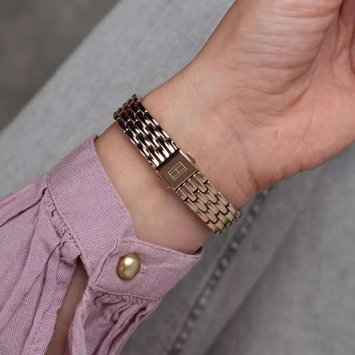 Tommy Hilfiger Mia rose gold watch on wrist showing side profile and bracelet