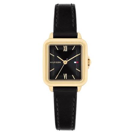 Tommy Hilfiger Mia watch with gold-tone square case, black dial with Roman numerals, and black leather strap