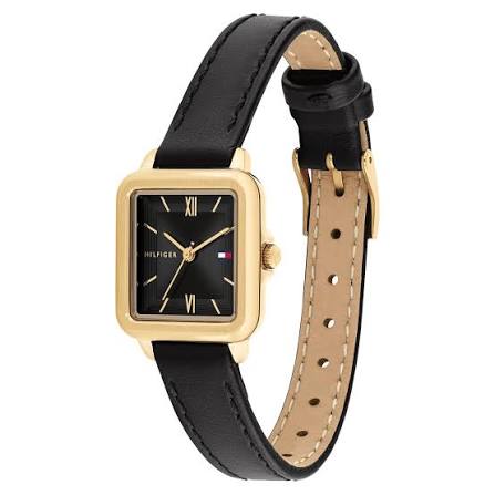 Side view of Tommy Hilfiger Mia watch showing black leather strap with gold-tone buckle