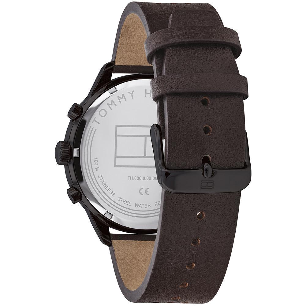 Tommy Hilfiger Modern watch angled view with brown leather strap and chronograph subdials
