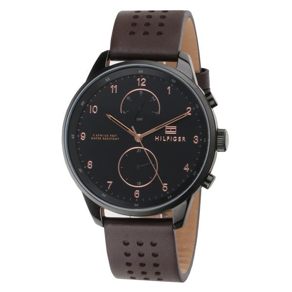 Tommy Hilfiger Modern black dial chronograph watch with brown perforated leather strap