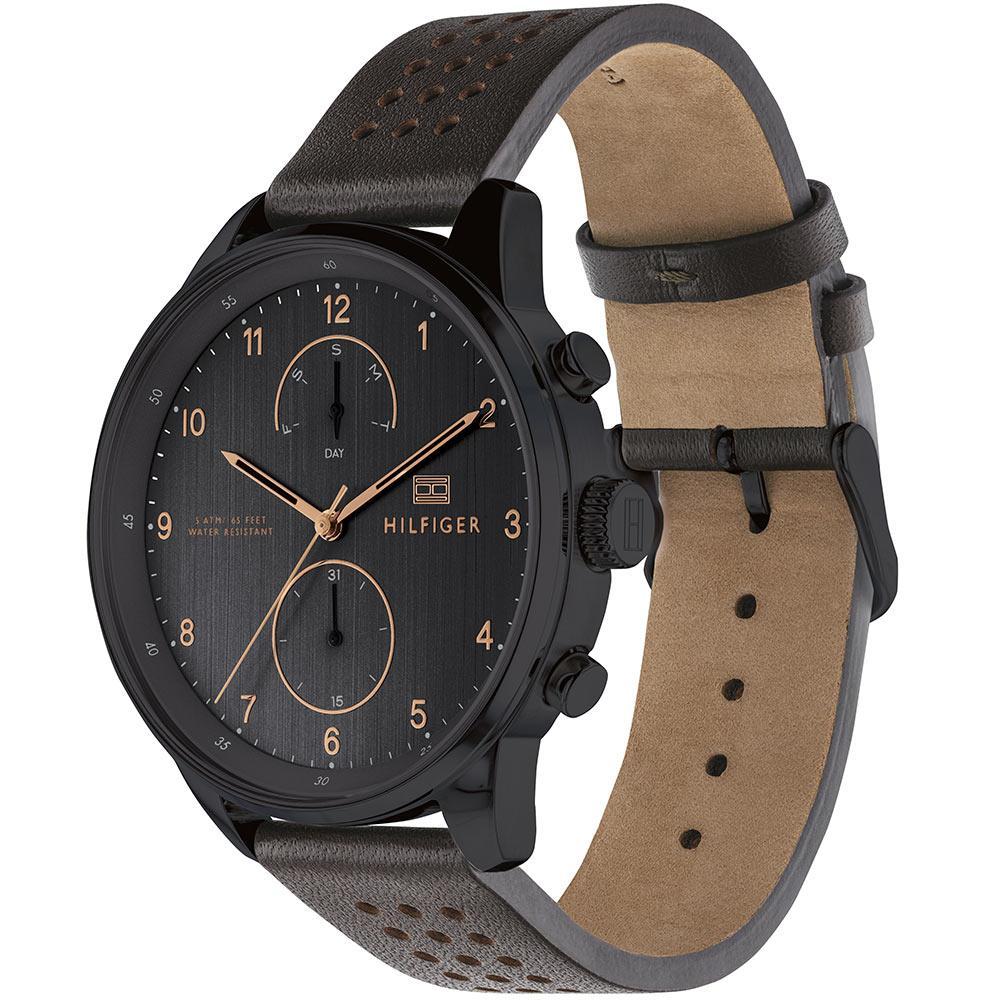 Tommy Hilfiger Modern watch side view showing chronograph case and tan leather lining