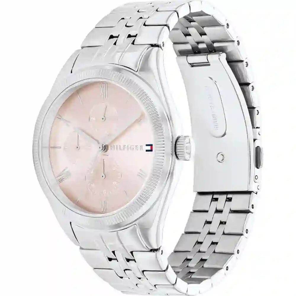 Tommy Hilfiger Monica watch shown from angled side view with silver steel bracelet