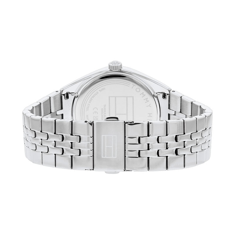 Tommy Hilfiger Monica watch caseback showing silver steel case and bracelet