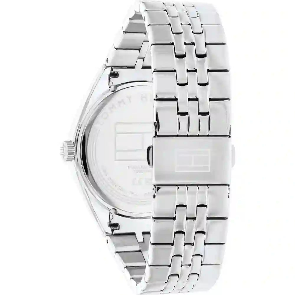Tommy Hilfiger Monica watch side profile displaying silver steel bracelet detail