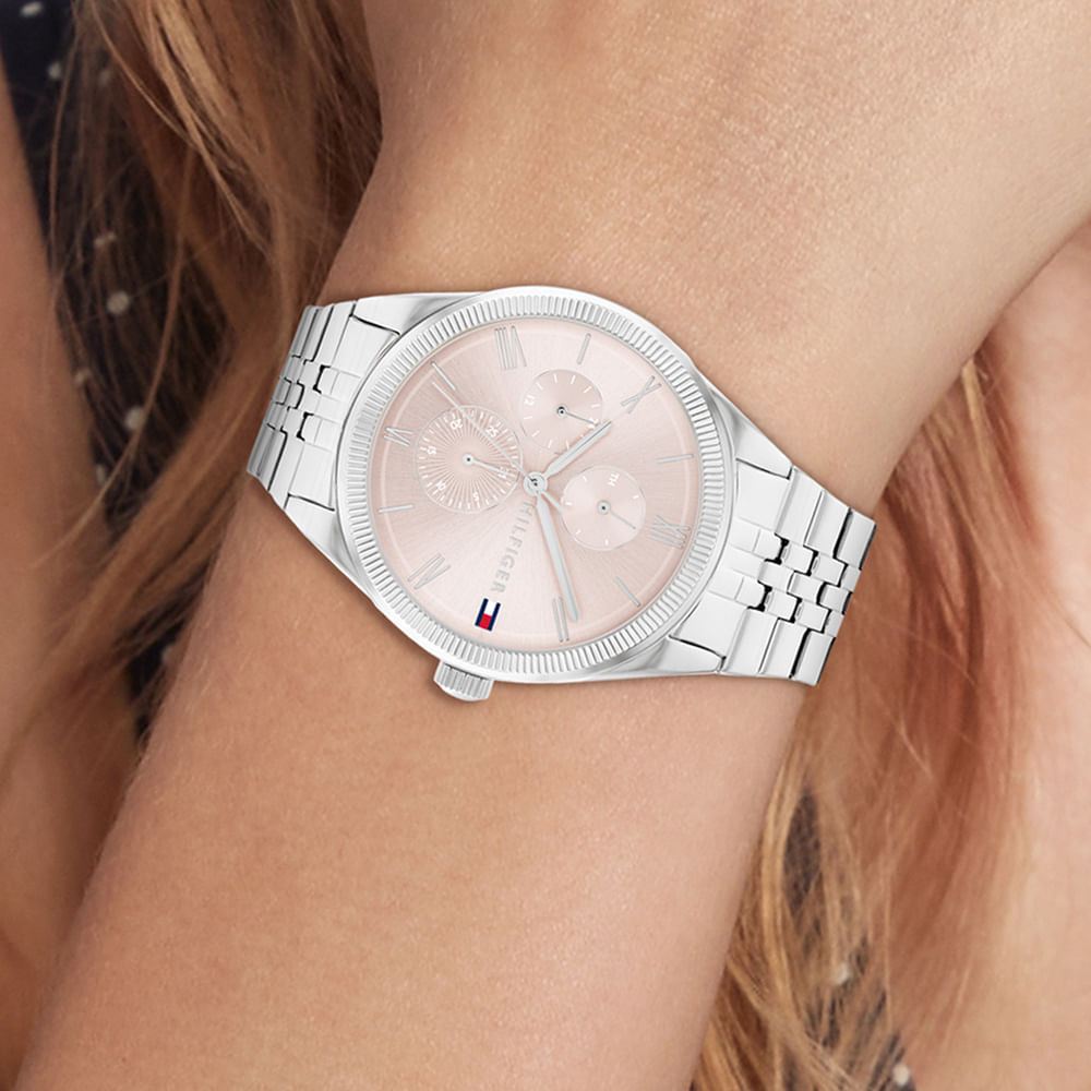 Tommy Hilfiger Monica women's watch with blush pink chronograph dial worn on wrist