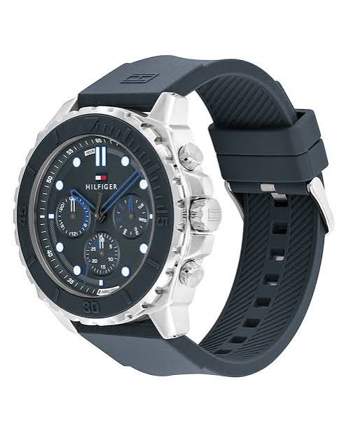Tommy Hilfiger Morgan chronograph watch angled view showing blue dial and dark rubber strap detail