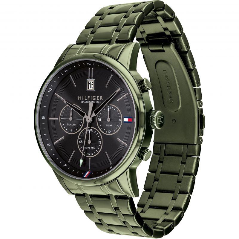 Tommy Hilfiger watch at angle showing three-link olive green stainless steel bracelet and chronograph functionality