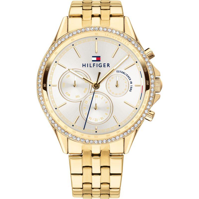 Tommy Hilfiger gold-tone women's watch with white multi-dial chronograph face and crystal bezel