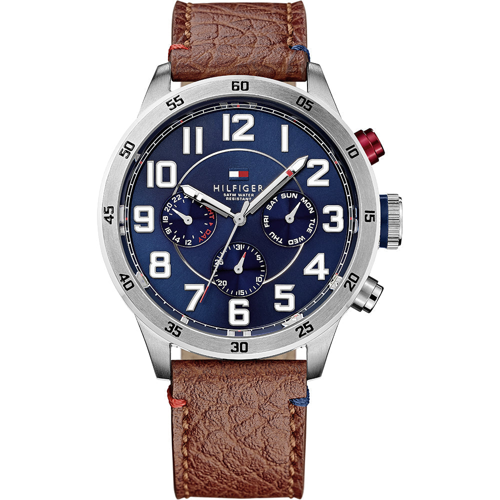 Tommy Hilfiger multi-function chronograph watch with blue dial and brown leather strap
