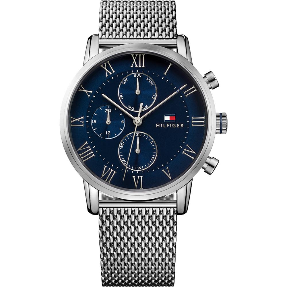 Tommy Hilfiger men's chronograph watch with navy blue dial, Roman numerals, and silver mesh strap