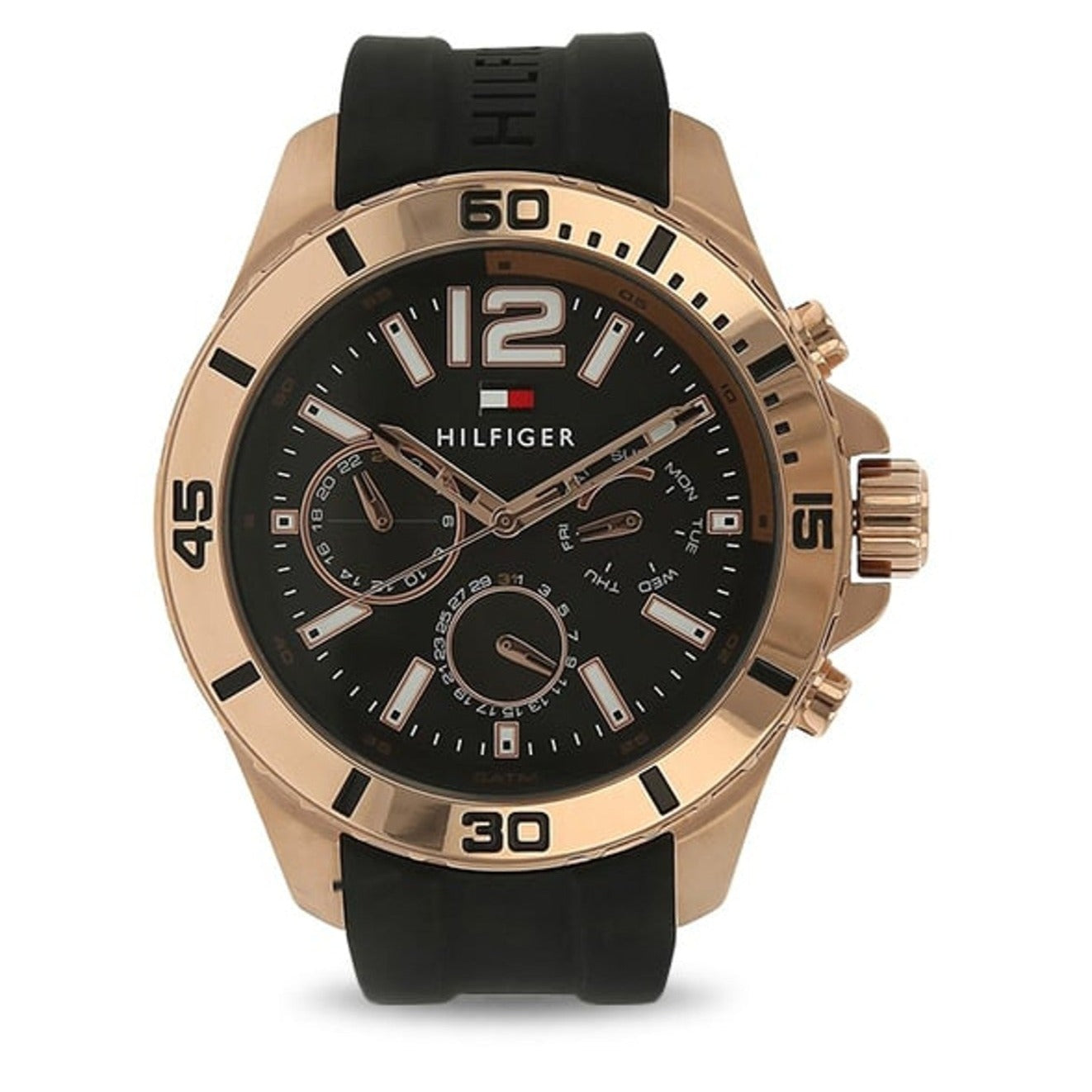 Tommy Hilfiger Nolan chronograph with black dial, rose gold bezel and black silicone bracelet