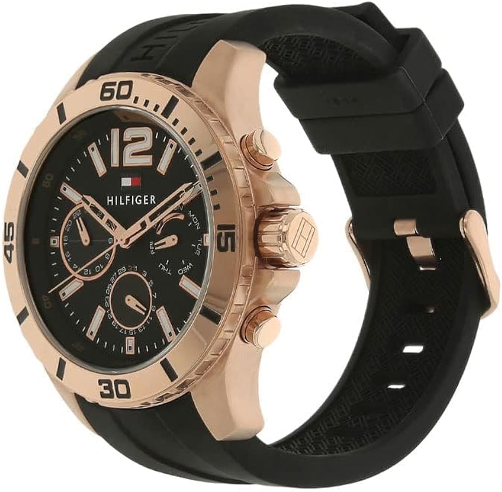 Side profile of Tommy Hilfiger Nolan chronograph showing case thickness and strap attachment