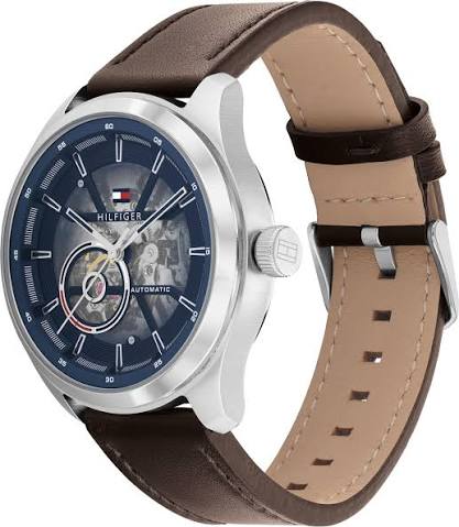 TOMMY HILFIGER OLIVER BLUE DIAL BROWN LEATHER AUTOMATIC MENS WATCH - 1791888