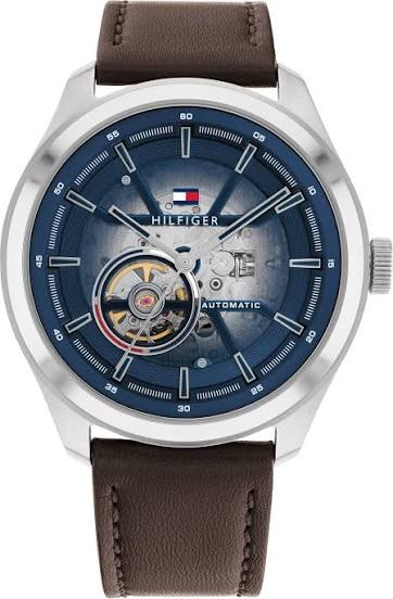 TOMMY HILFIGER OLIVER BLUE DIAL BROWN LEATHER AUTOMATIC MENS WATCH - 1791888
