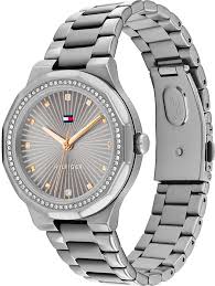 Tommy Hilfiger Piper watch angled view showing stainless steel bracelet and crystal-set bezel