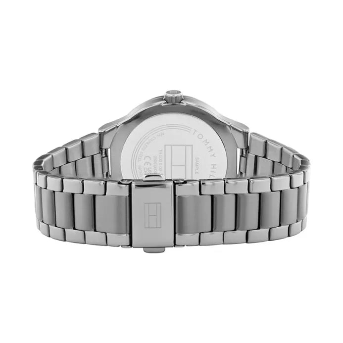 Tommy Hilfiger Piper watch caseback showing stainless steel bracelet and case