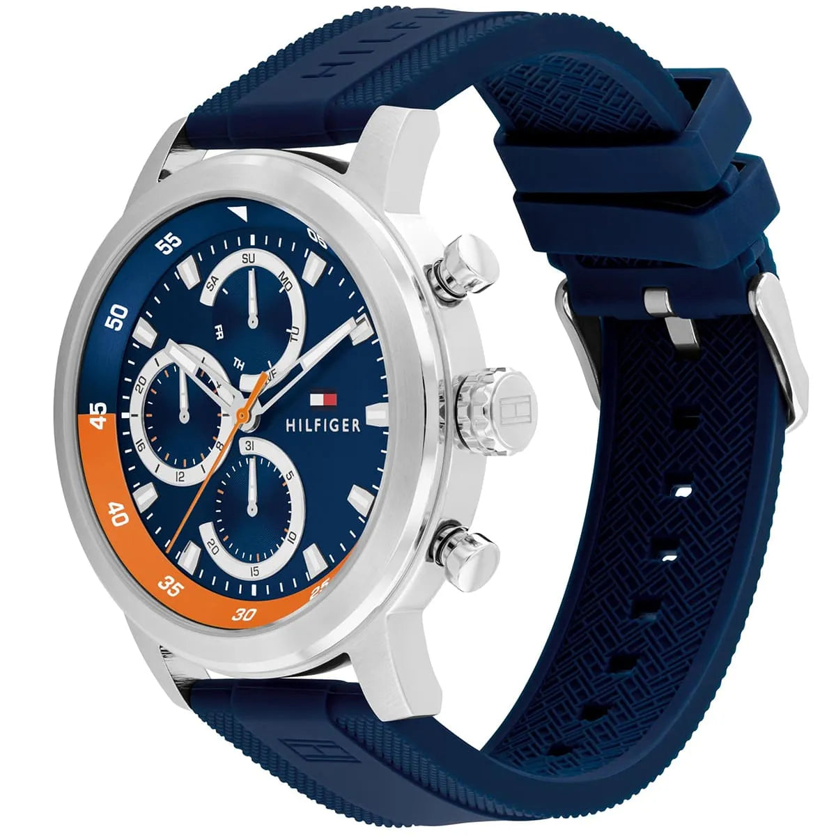 Side angled view of Tommy Hilfiger Rocky watch showing blue dial, silver case, and navy rubber strap