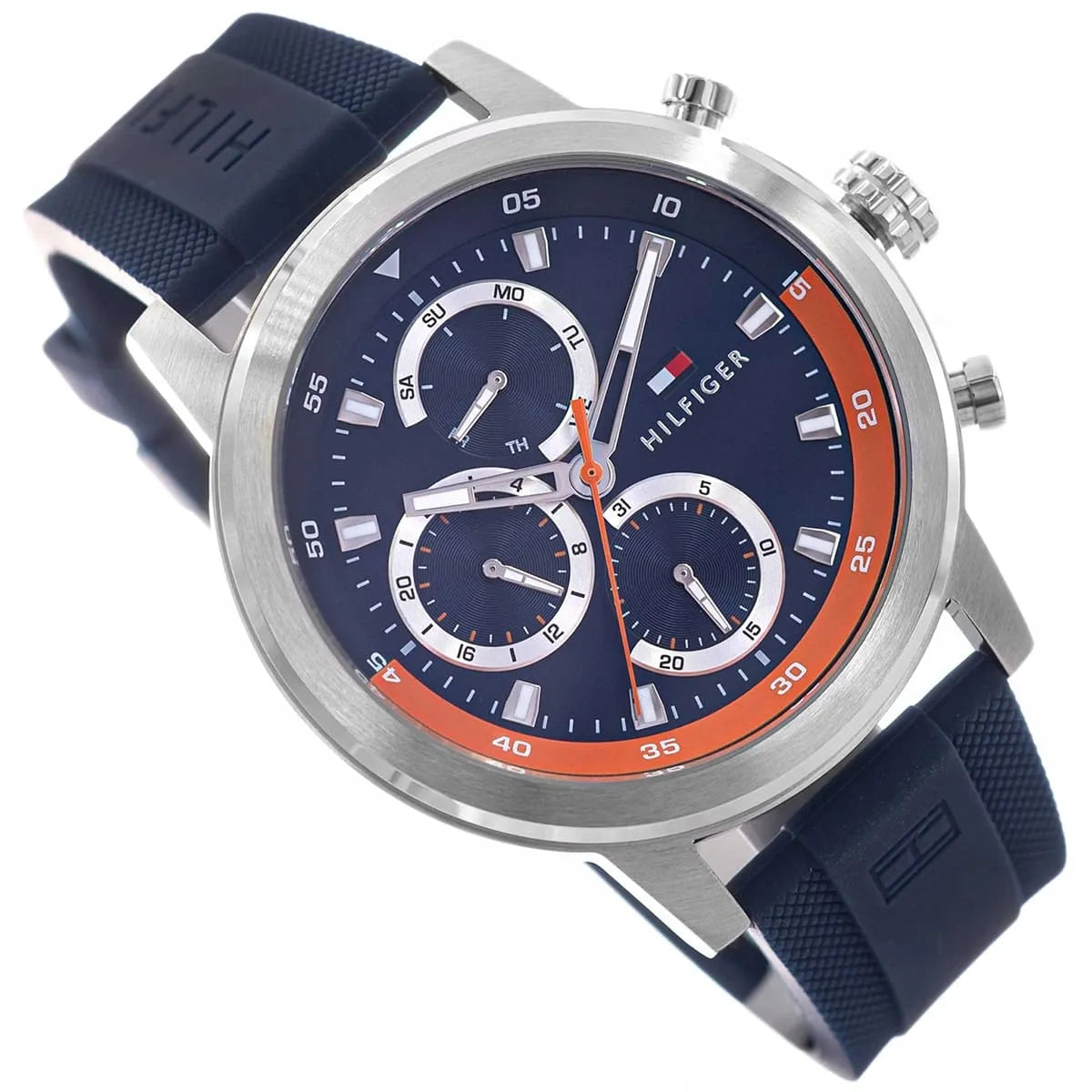 Detailed view of Tommy Hilfiger Rocky watch dial with three chronograph subdials, orange bezel, and hour markers