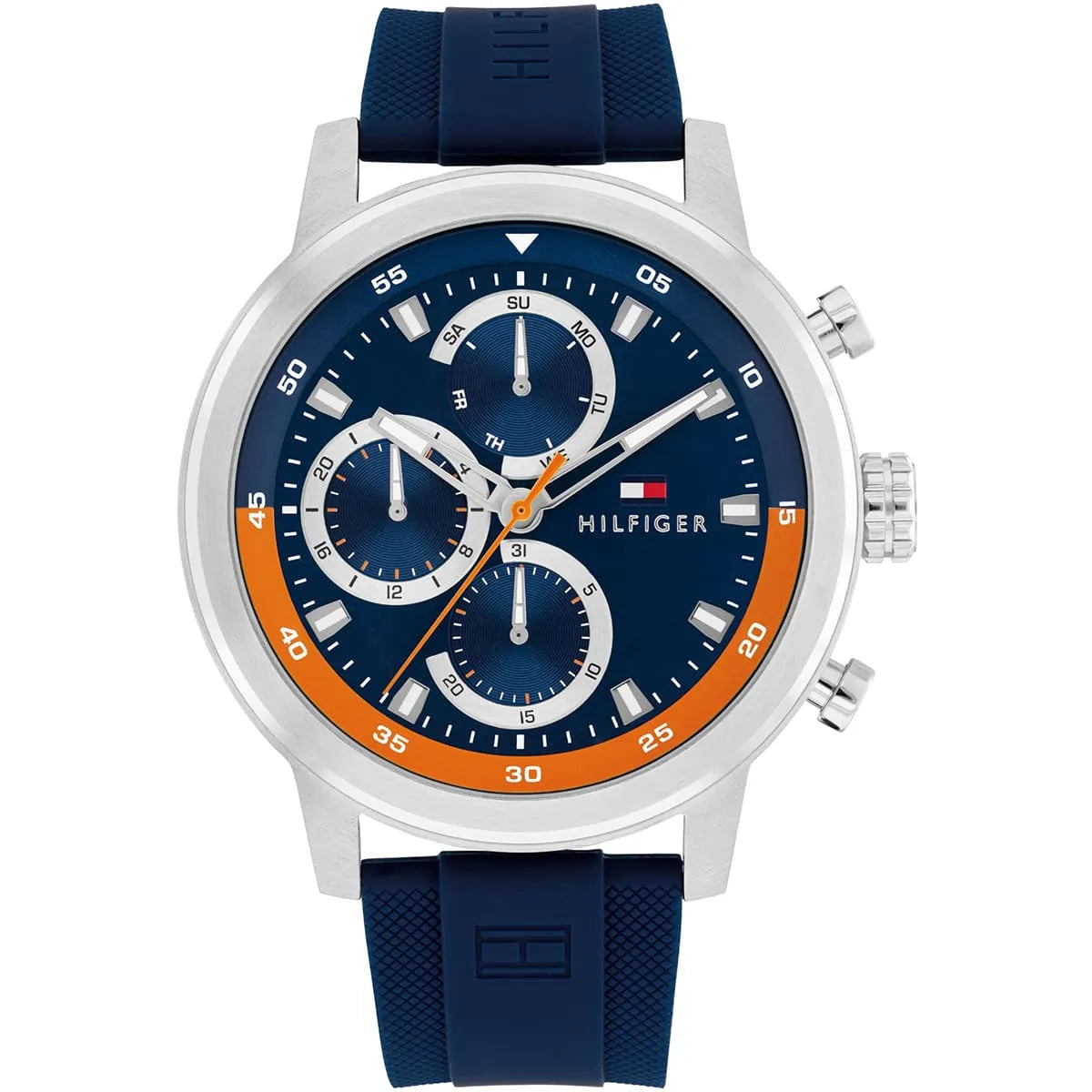Tommy Hilfiger Rocky men's watch with blue dial, orange bezel, chronograph subdials, and navy rubber strap