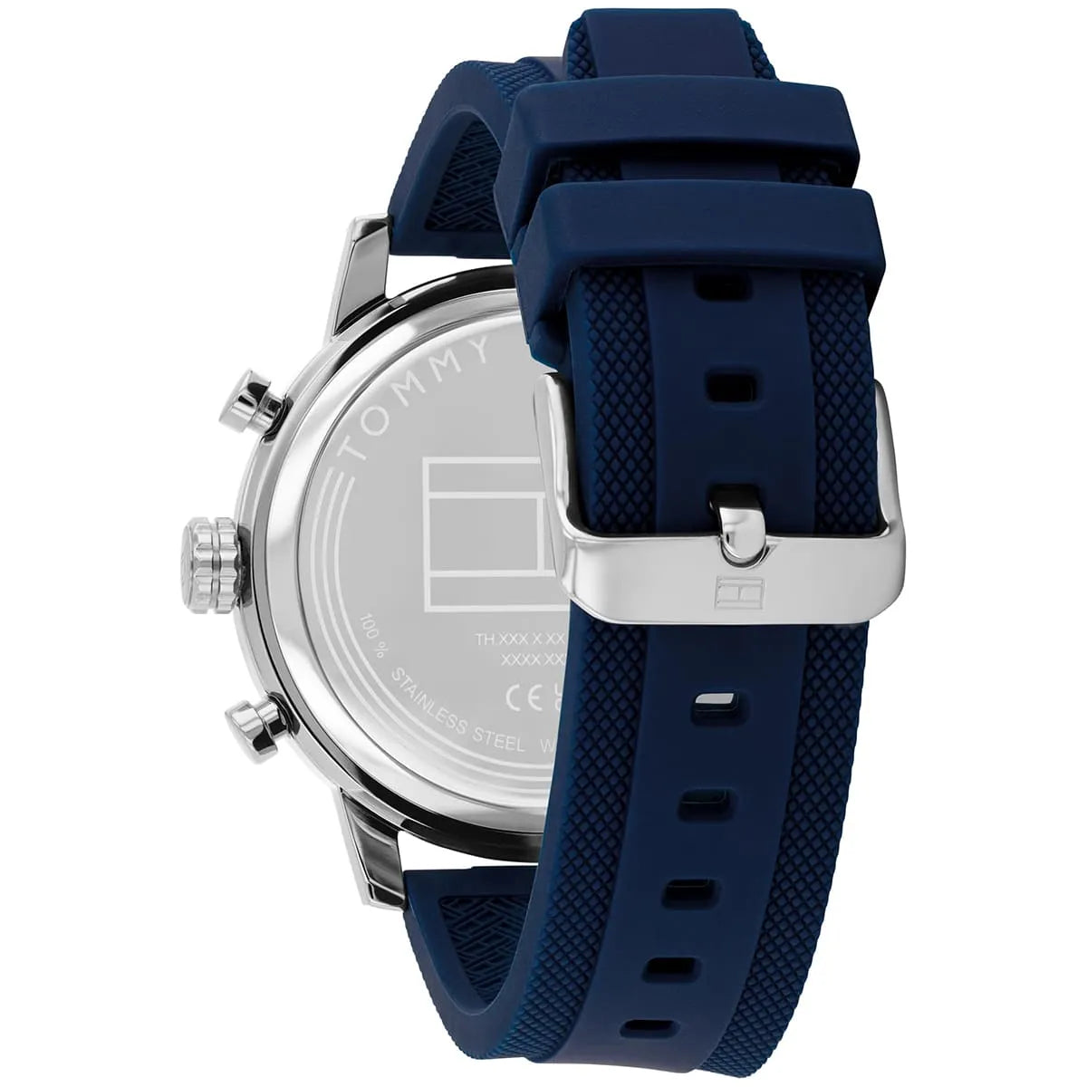 Close-up of navy blue rubber strap with embossed texture and silver buckle on Tommy Hilfiger Rocky watch