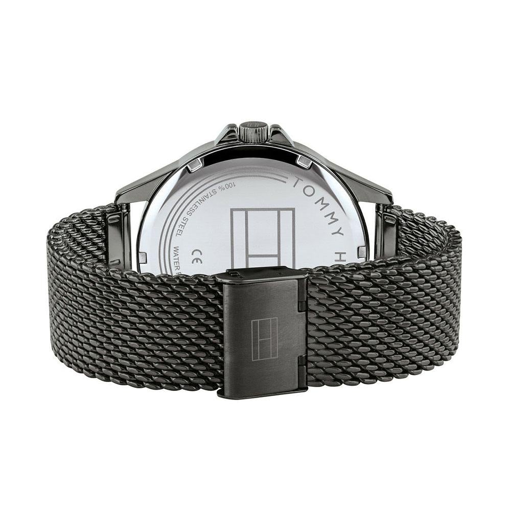 Tommy Hilfiger Shawn watch caseback overhead view with black mesh strap